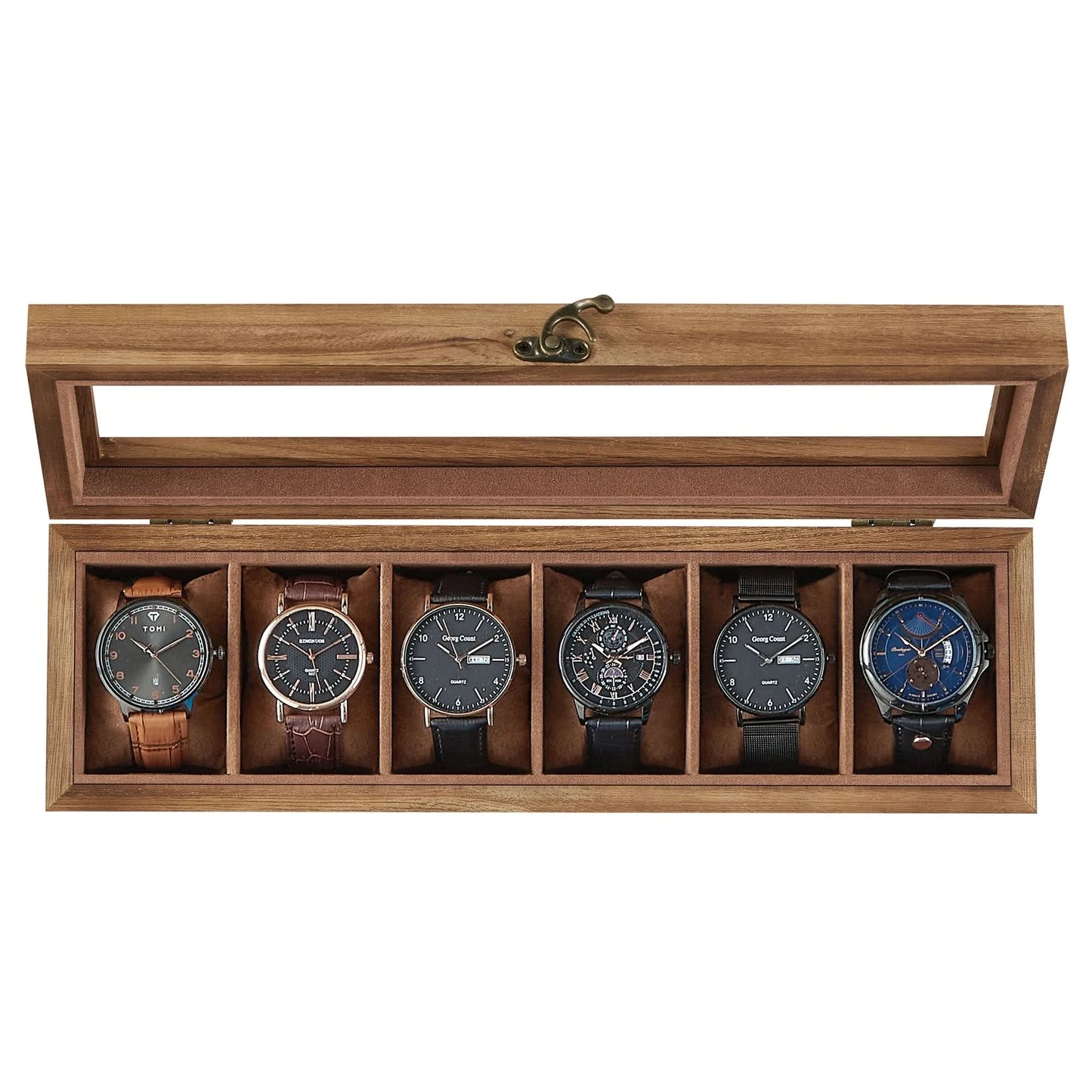 SONGMICS Watch Box, 6-Slot Watch Case, Solid Wood Watch Box Organizer with Glass Lid, Watch Display Case with Removable Pillows - M & M Global
