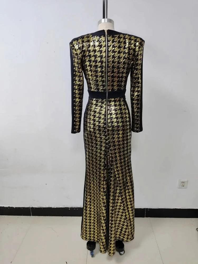 Sexy V Neck Bird Lattice Sequins Maxi Dress Women Black Gold Sequin Long Sleeves Bocycon Long Dress Runway Evening Party Gown - M & M Global
