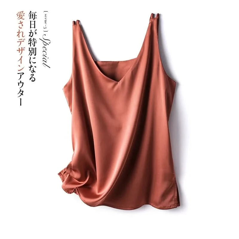 Silk Satin Women Office Lady Double Shoulder Camisole Tank V-neck Sleeveless Top T-shirt Elegant Crop Top Solid Casual Basic New - M & M Global