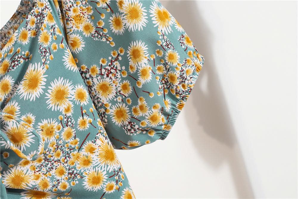 Women Mini Dresses Summer Fashion Female Vestidos Print Floral Chiffon Dresses Shirring Pleated Short Puffy Sleeve Casual Dress - M & M Global