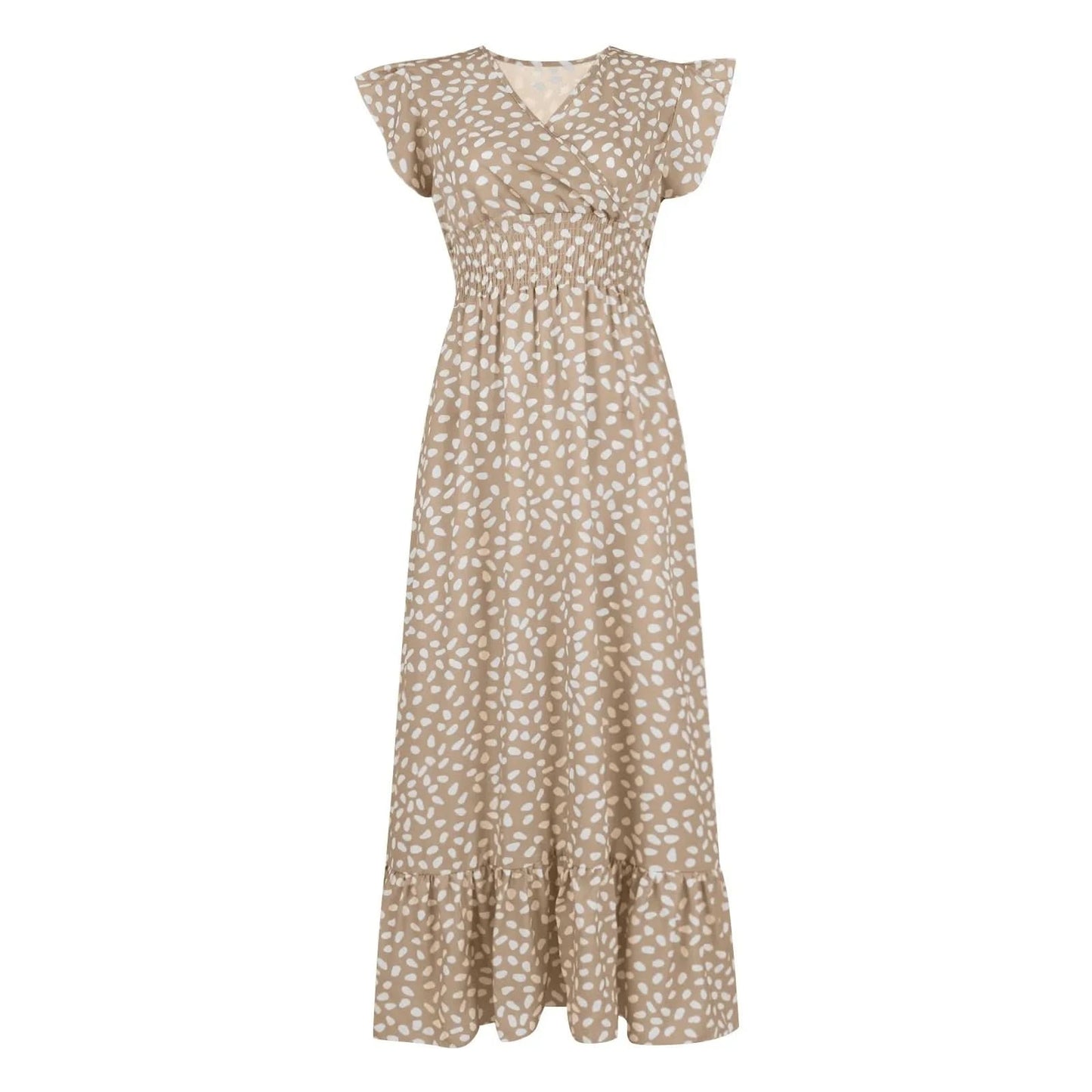 Polka Dot Dress For Women Sexy V-Neck Long Dress Casual And Fashionable Ruffle Edge Short Sleeved High Waisted Dress - M & M Global