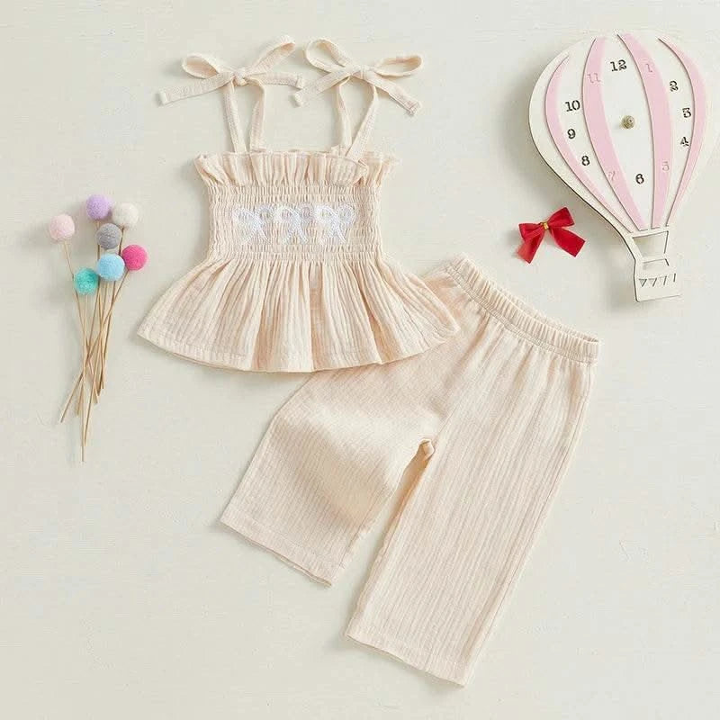 Adorable Toddler Girl Sleeveless Top and Shorts Set with Cute Bow Embroidery Detail - Summer Outfit for Little Princesses - M & M Global