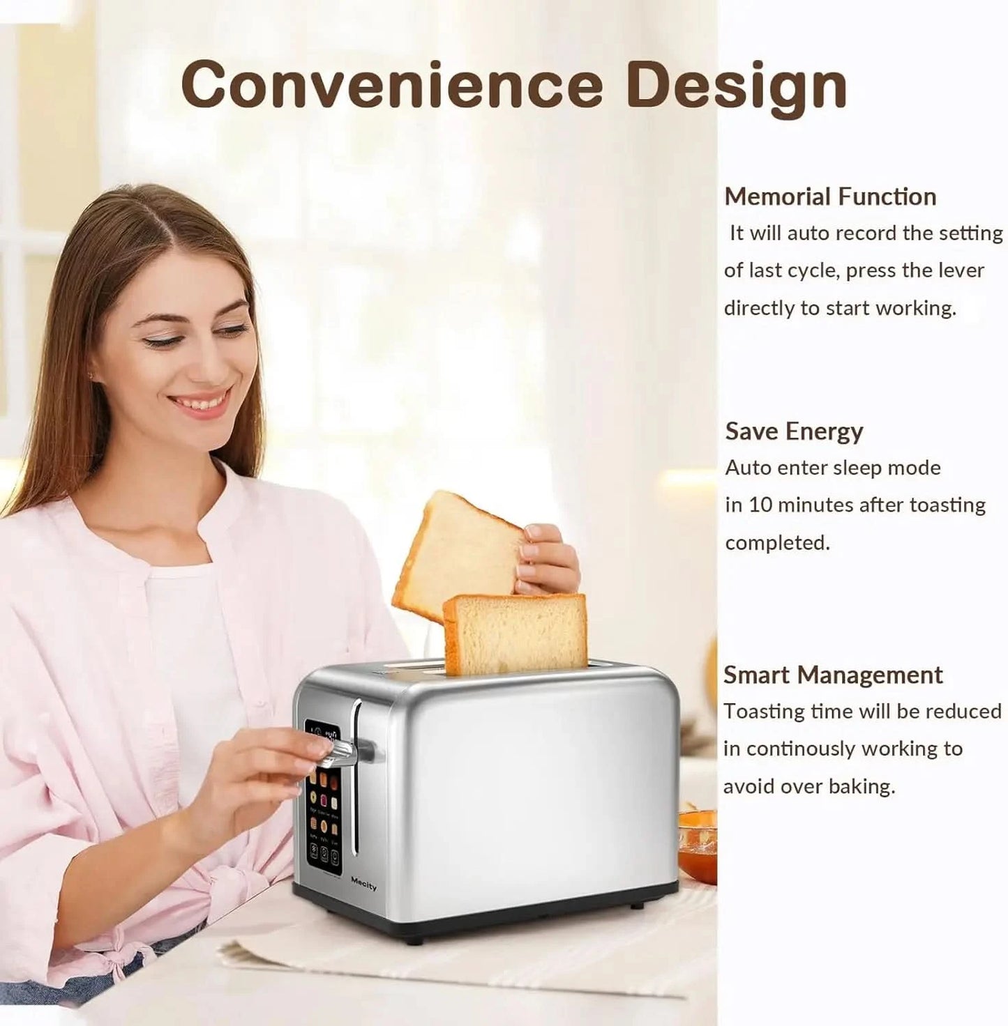 2 Slice Toaster Touch Screen 1.5" Wide Slot, Stainless Steel Smart Bread Toaster for Bagel Muffin Waffle Gluten Free Breads, Tim - M & M Global