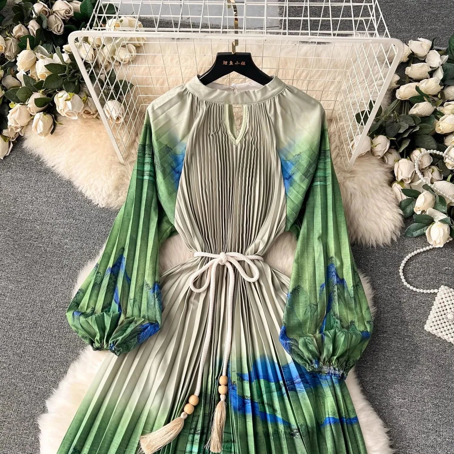 Spring Holiday Print Long Dress For Women Fashion Loose Lantern Sleeve Party Robe Female Big Swing Tassels Belt Pleated Clothes - M & M Global