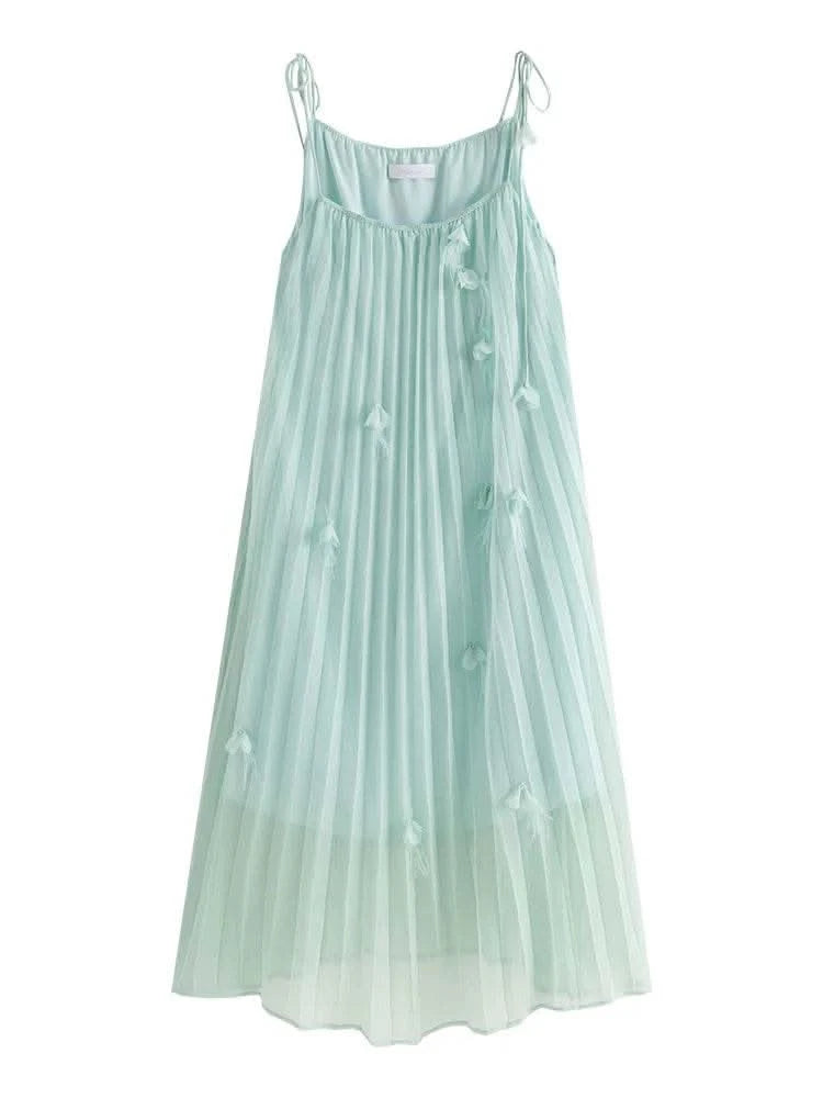 DUSHU Sleeveless Women Thin Long Dress Holiday Style Female Summer Spaghetti Strap Dress Green Women A-LINE Dress 24DS82796 - M & M Global