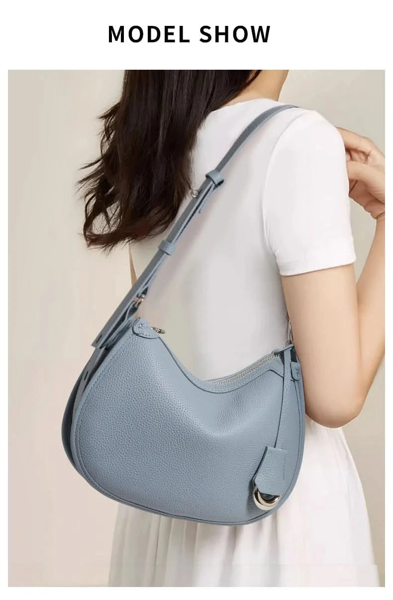 Top layer cowhide underarm shoulder bag 2025 new niche design minimalist blue fashionable soft leather saddle bag - M & M Global