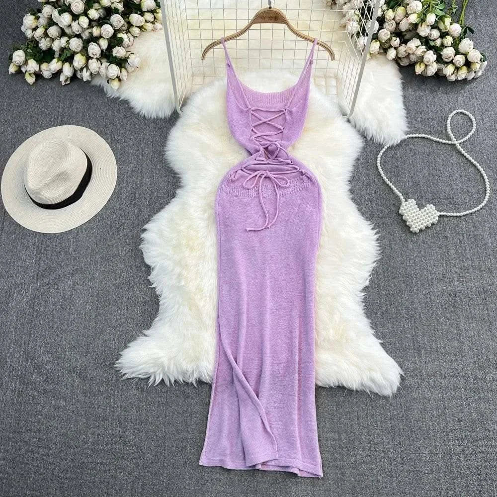 Blue/purple Summer Knit Sexy Strap Dress Women Tank Elatic Waist Bodycon Sundress Female Beach Split Backless Maxi Long Dress - M & M Global
