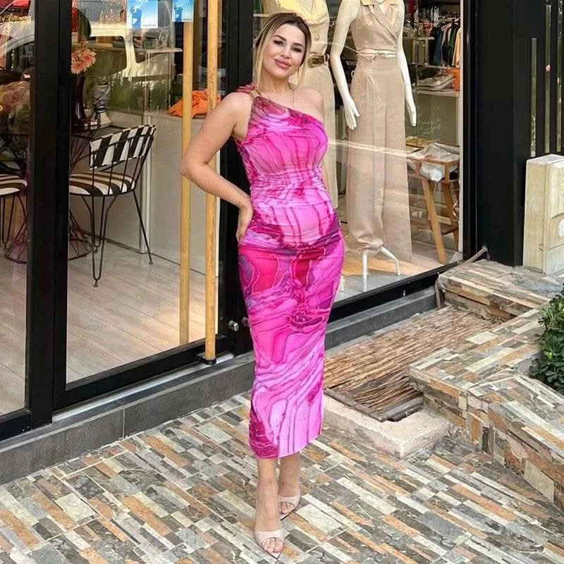 CUTENOVA Sexy Slash Collar Gradient Print Long Dress Summer Chic One-Shoulder Backless Party Dresses Sleeveless Hollow Slim Fit - M & M Global