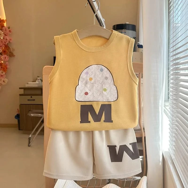 Kids Sleeveless Tracksuits Cute TShirt +Shorts Summer Clothing Short-sleeved Outfits Thin Loose Tees Shorts Baby 2 Piece Set - M & M Global