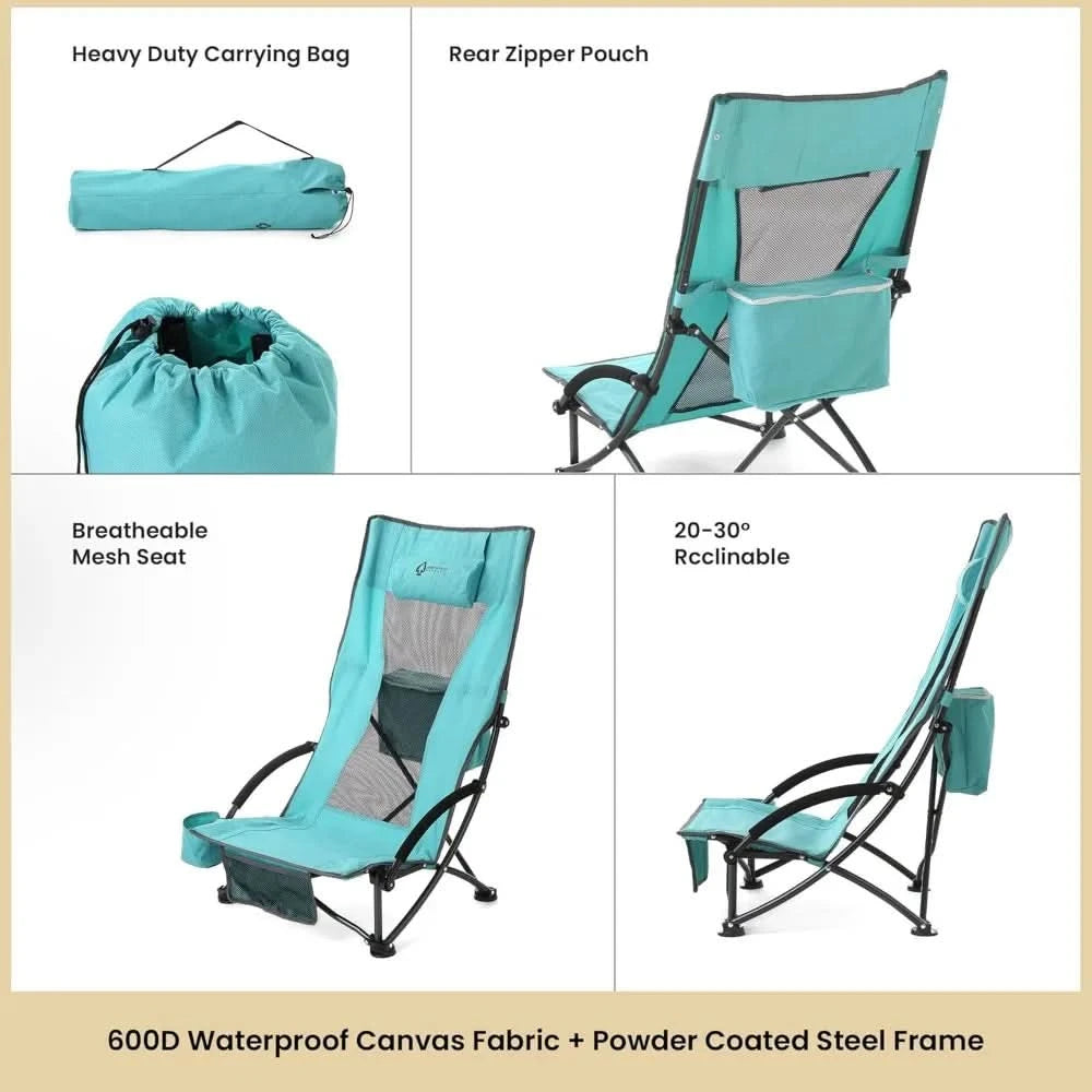 2-Pack Low Seating + 20° Reclining Folding Beach Chair w/Padded Headrest, Foam Armrest, Cup Holder, Carry Bag, 300 LBS Weight C