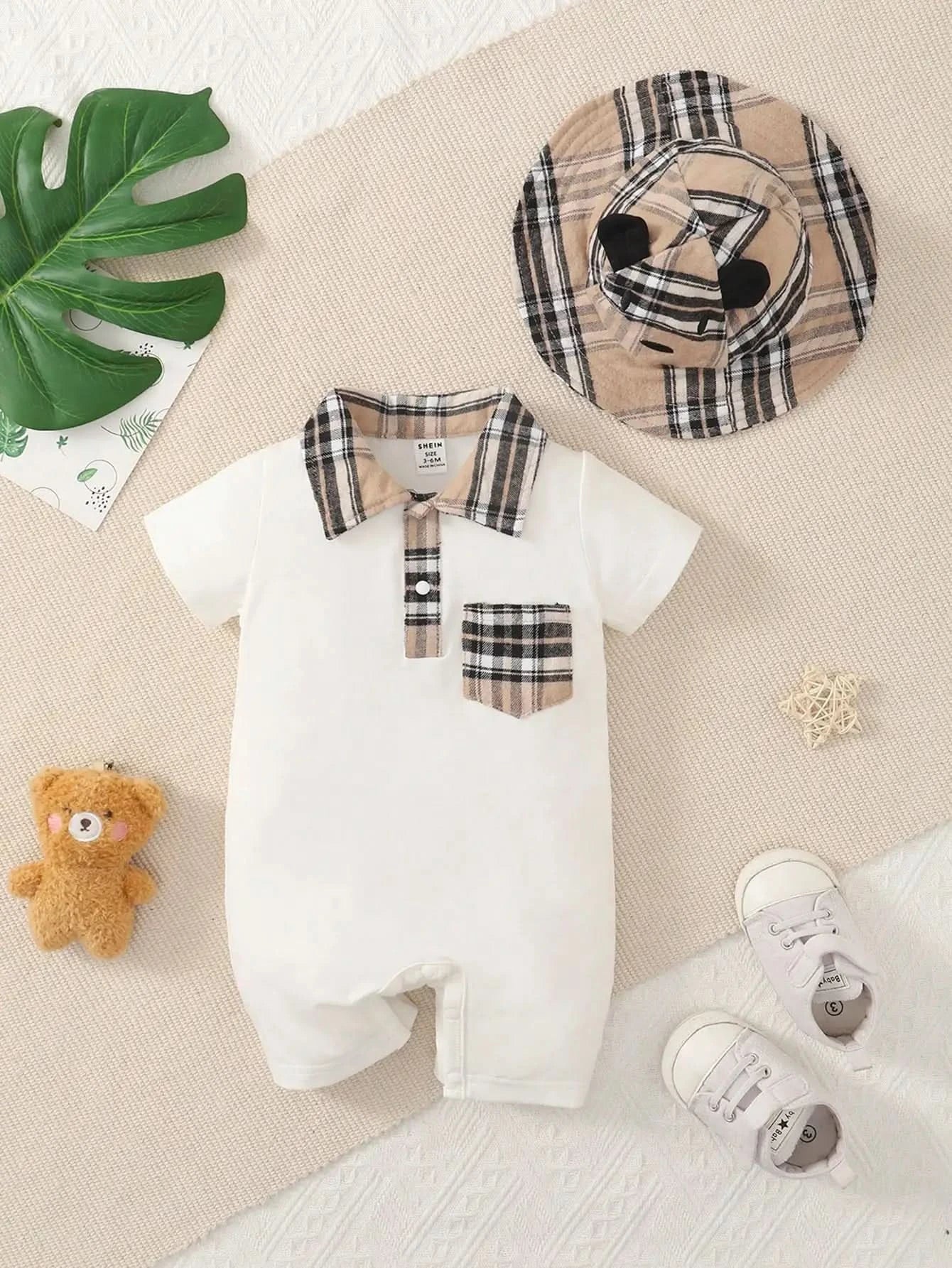 Two-piece baby boy design simple plaid neckline front pocket with plaid hat shorts spring/summer set - M & M Global