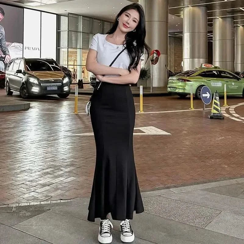 Blackskirt Women's Spring Autumn High-waisted A- line Skirt Fish Tail Vintage Long Dress Sensibility Niche Bodycon Skirt - M & M Global