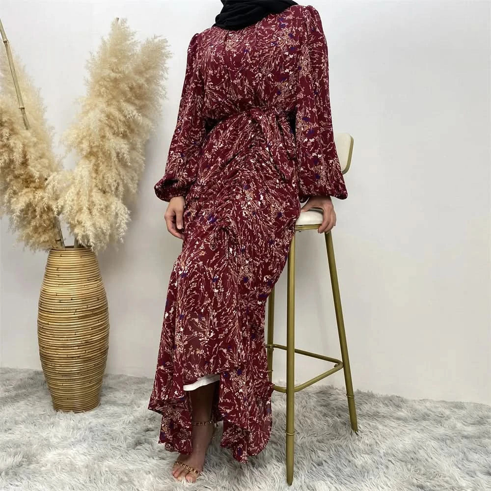 Muslim Women's dress Casual print bark crepe long dress Zipper collar long sleeves loose Muslim maxi dress - M & M Global