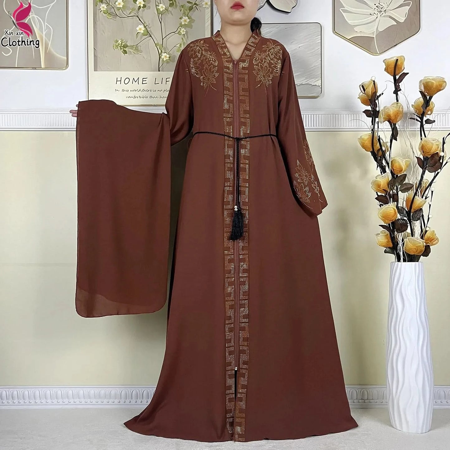 New Muslim Abayas For Women Long Sleeved Dress Dubai Lady Elegant Long Dress Islam Clothing African Abaya Loose Robe With Turban - M & M Global