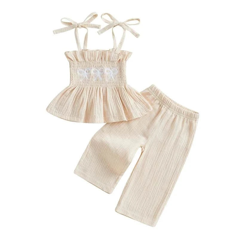 Adorable Toddler Girl Sleeveless Top and Shorts Set with Cute Bow Embroidery Detail - Summer Outfit for Little Princesses - M & M Global