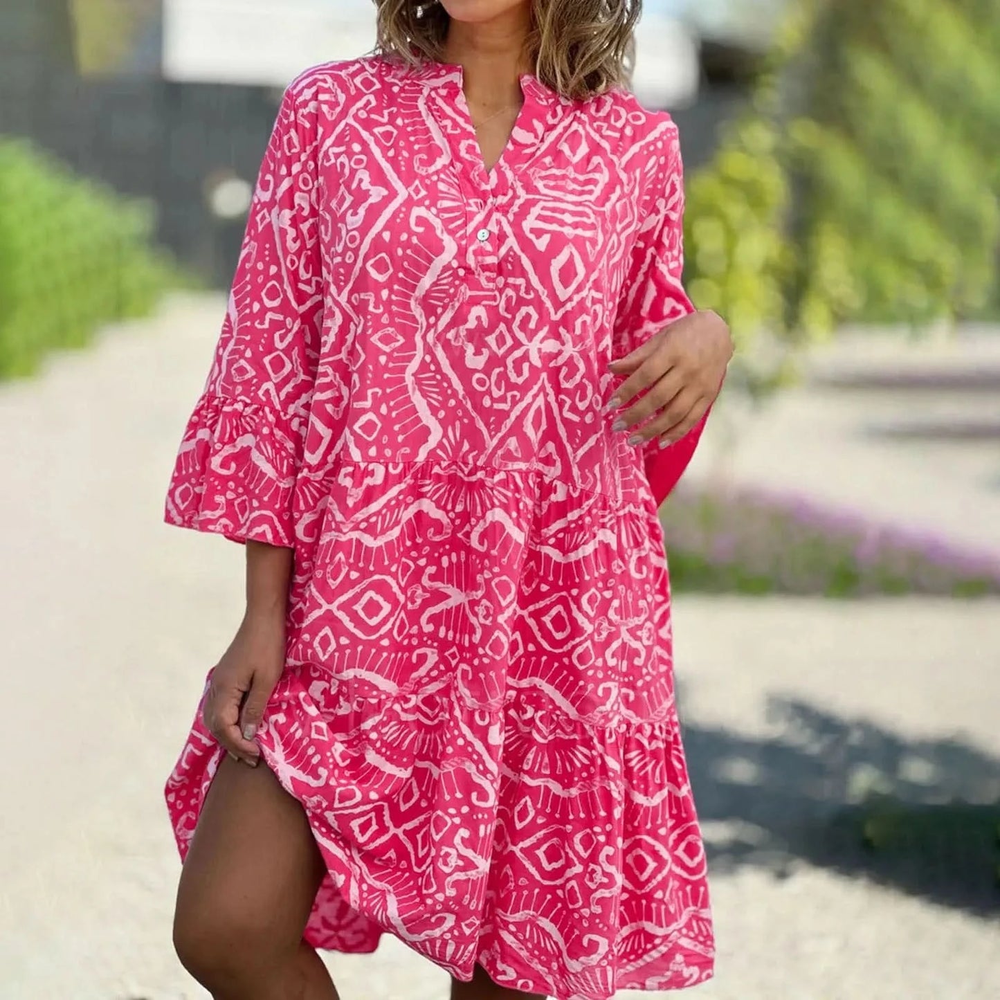 Women Floral Print Maxi Dress Fashion Casual V Neck Long Dress Plus Size Summer Boho Dress Ruffle Three Quarter Sleeves Dresses - M & M Global