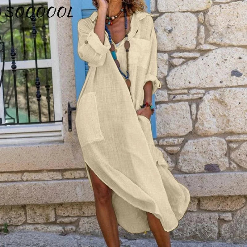 Casual Cotton Linen Loose Shirt Dress Women Summer Fashion Streetwear Split Button Long Dress White Black Beach Holiday Vestidos - M & M Global