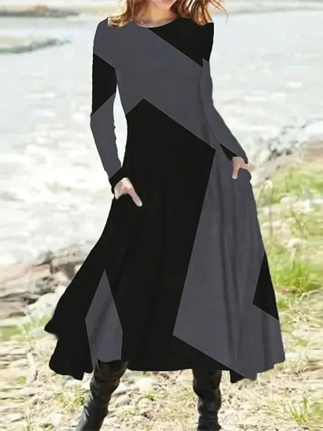Long Dress Casual Eid Style Retro Autumn and Winter Long Sleeved Oversized Swing Maxi Dresses Patchwork Streetwear Vestidos - M & M Global