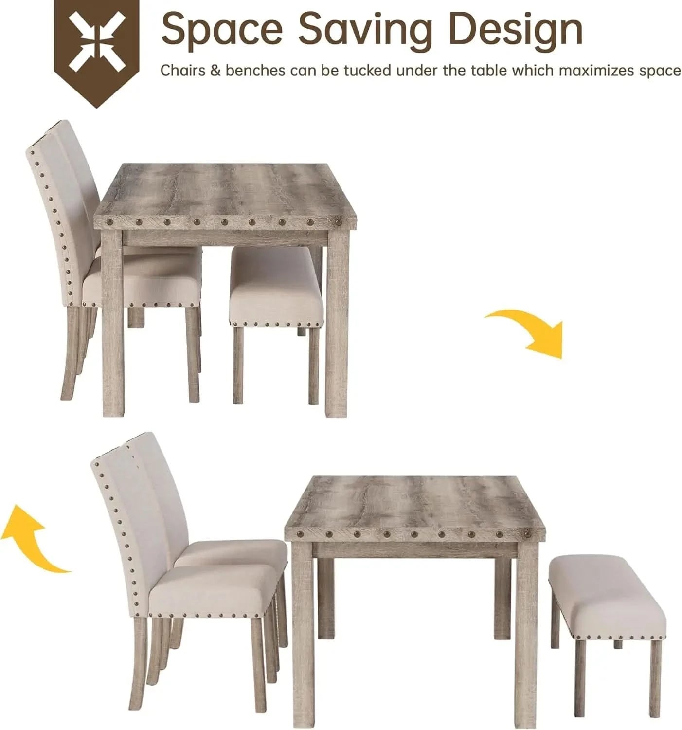 Rustic Dining Table, Farmhouse Kitchen Dining Chairs , Charming 60" Rectangular Wooden Table& Upholstered