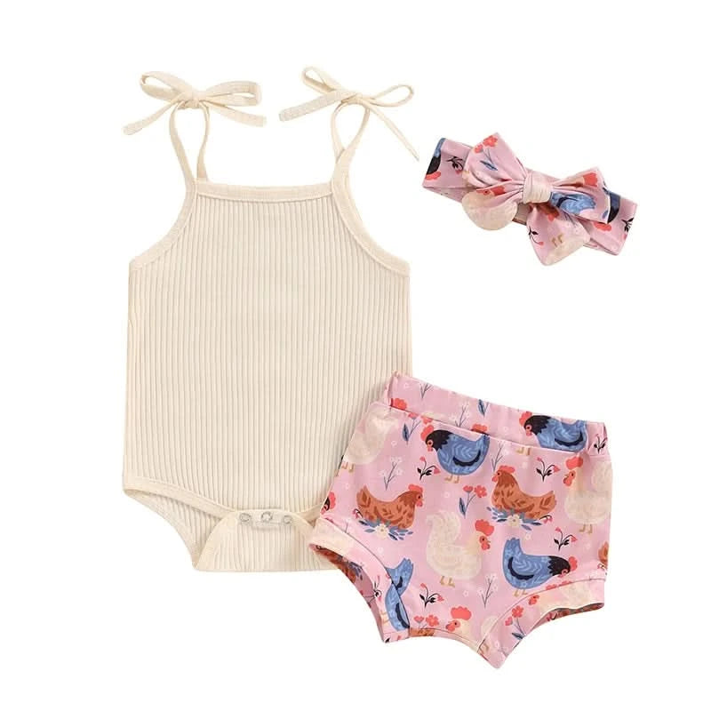Toddler Girl 3 Piece Summer Set Floral Print Sleeveless Romper with Ruffle Trim Denim Shorts Bow Headband Outfit - M & M Global