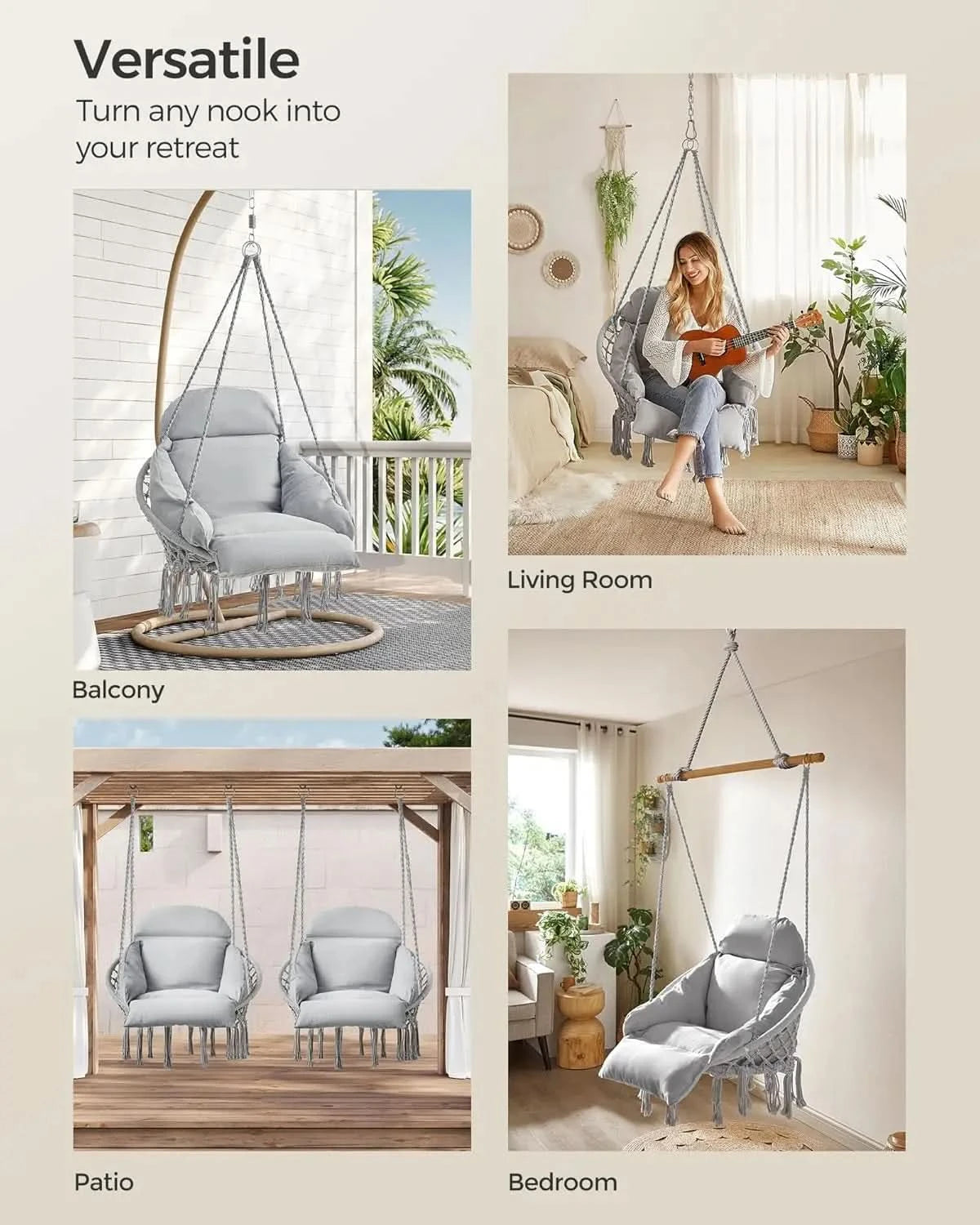 Hanging Chair. Hammock Chair with Thick Cushion. Boho Swing. Holds 264 lb. Accessories Included. Dove Gray. UGDC042G11.