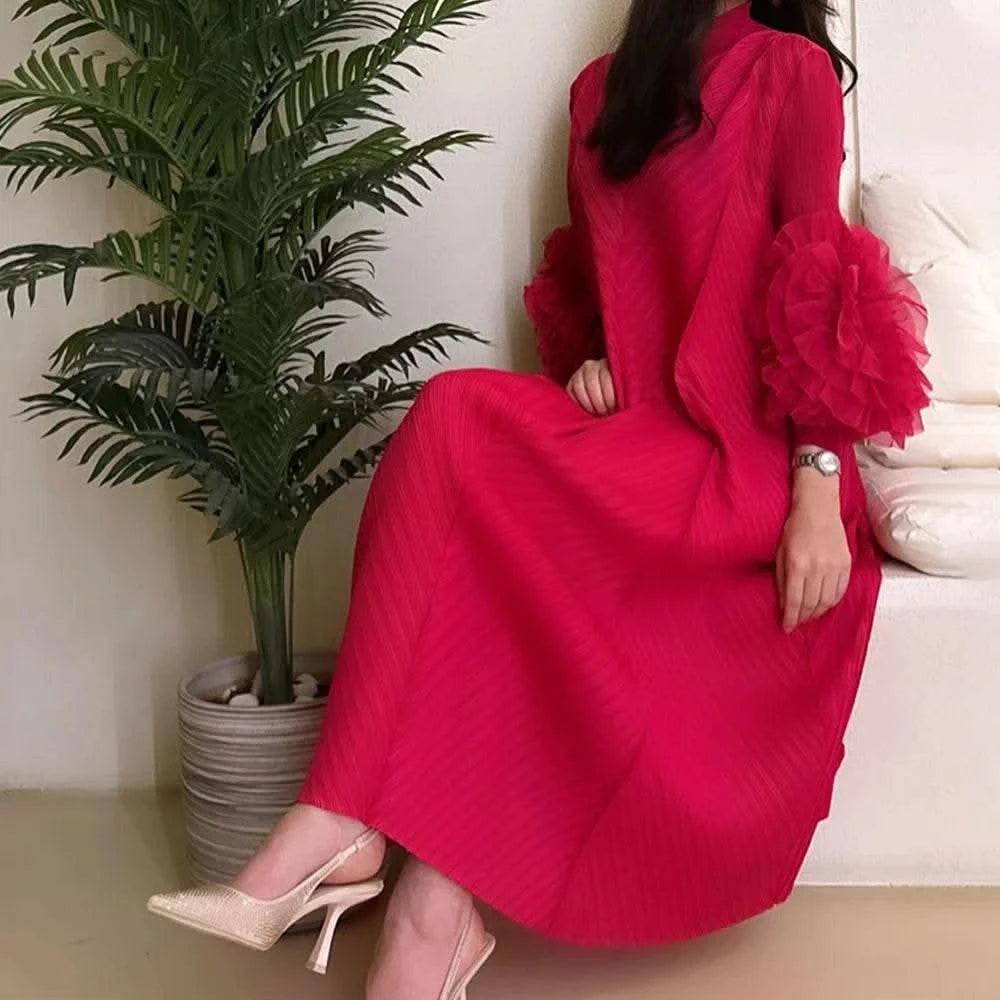 ANLAN Miyake Pleated Maxi Long Dress Mesh Petal Sleeve Half Turtleneck Formal Dresses for Women 2024 New Hot Sales 6KK9927 - M & M Global