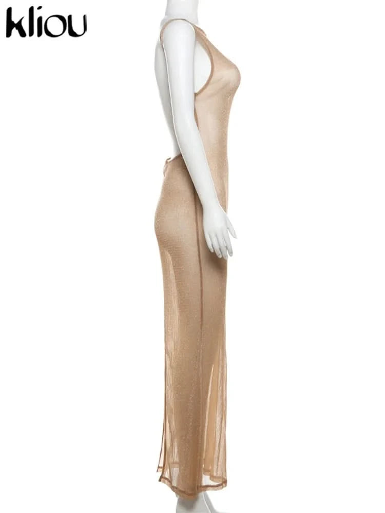 kliou Shiny Long Dress Stunning Women Solid Summer Thin Mesh Sheer Backless Sleeveless Bodycon Female Elegant Fashion Vestidos - M & M Global
