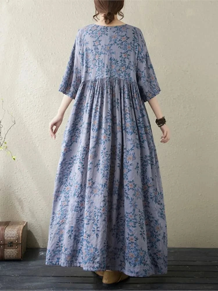 Oversized Summer Long Dress Women Floral Print Fashion Short Sleeve Ladies Dresses Casual Loose Ruffle Pleated Woman New Dress - M & M Global