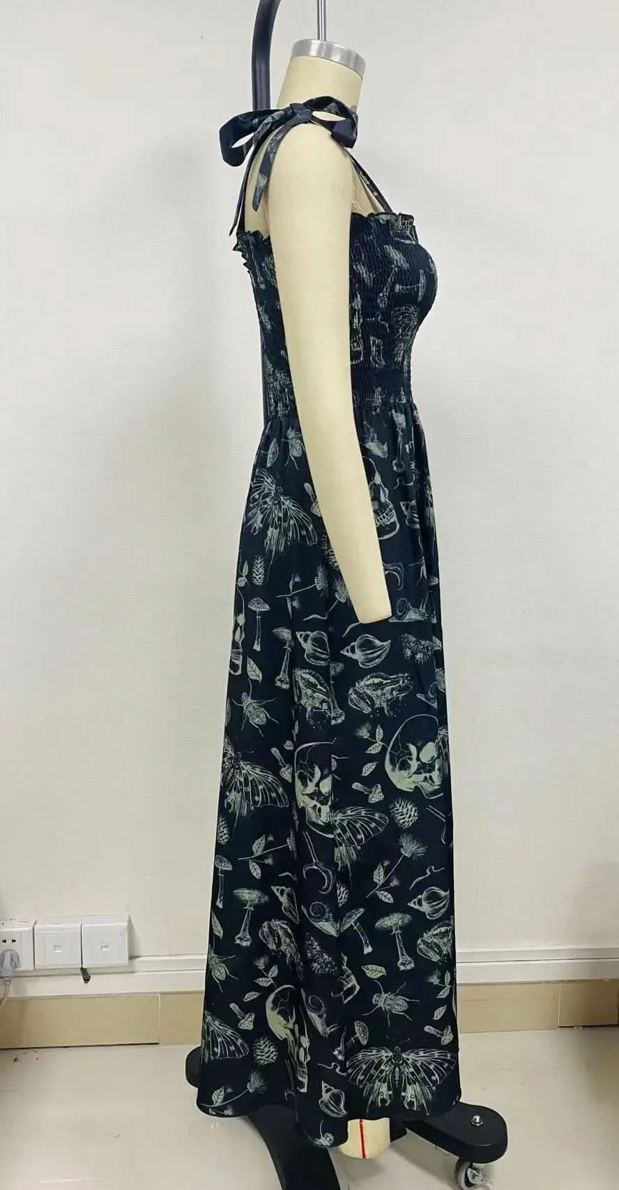 Goth Dark Fairy Grunge Y2k Aesthetic Skull Graphic Dresses Mall Gothic Shirring Lace Up Long Dress Punk A-line Slim Emo Clothing - M & M Global
