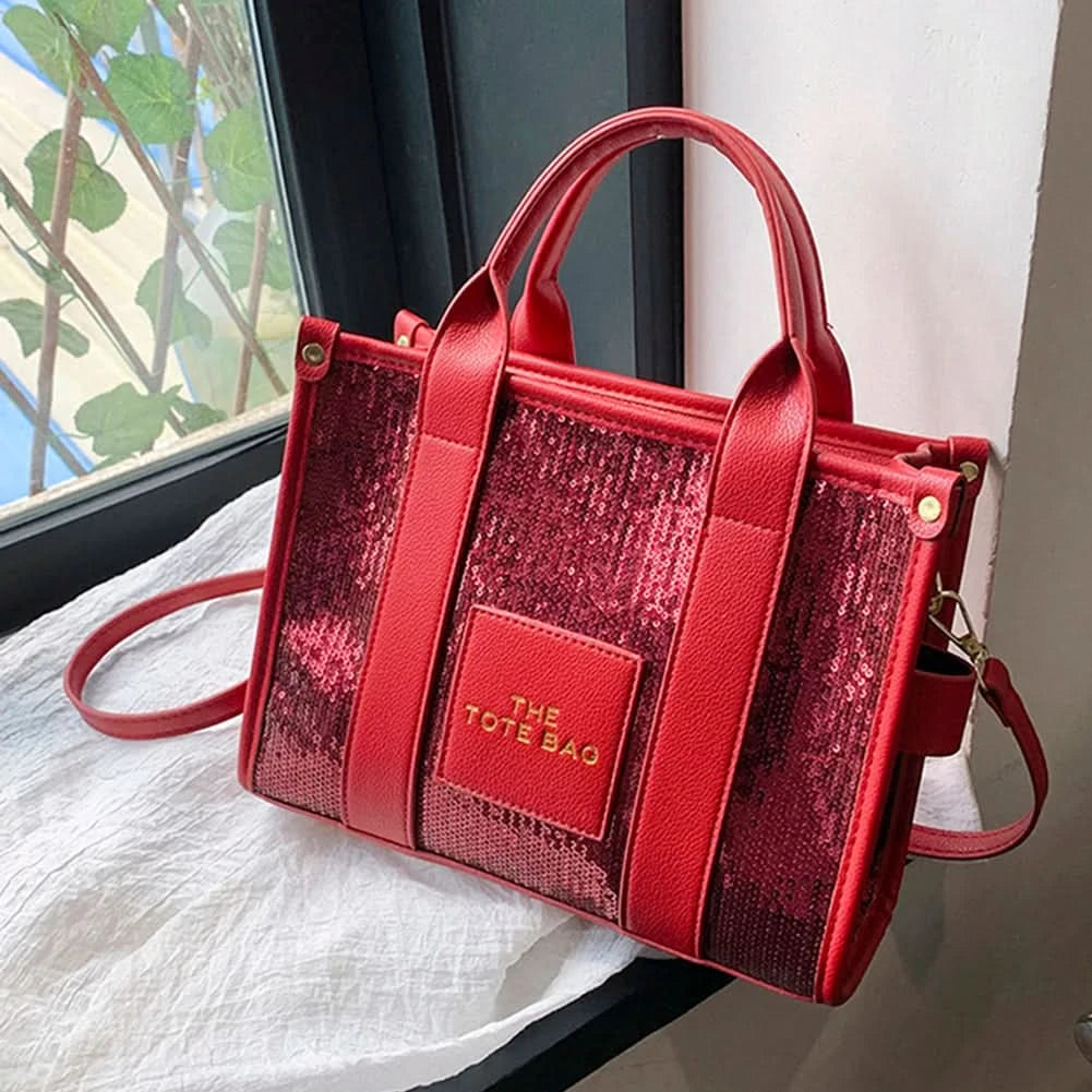 New The Tote Bag Letter Printed Sequins Top-Handle Bag Women Leather Handbag Luxury Designer Glitter Shoulder Crossbody Bag - M & M Global