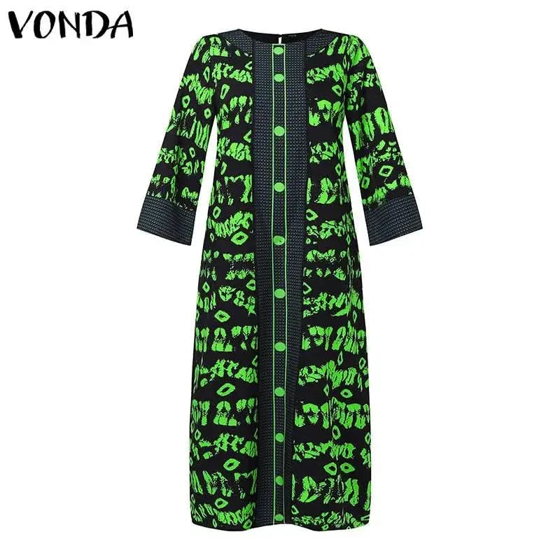 VONDA Women Printed Dress 2024 Vintage Maxi Long Dress Autumn Patchwork Sundress Fashion Elegant Party Vestidos Femme Robe Baggy - M & M Global