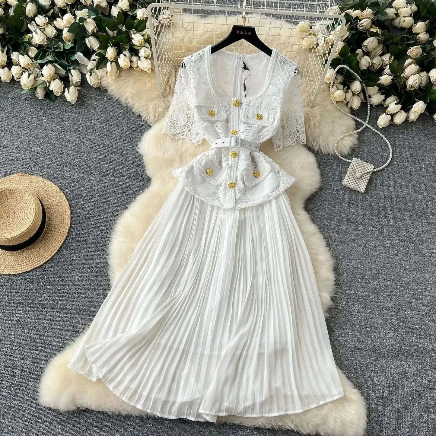Designer 2025 Summer Pleated Chiffon Lace Long Dress Women Flower Embroidery Gold Button Belt Evening Party Dresses Wedding Robe - M & M Global