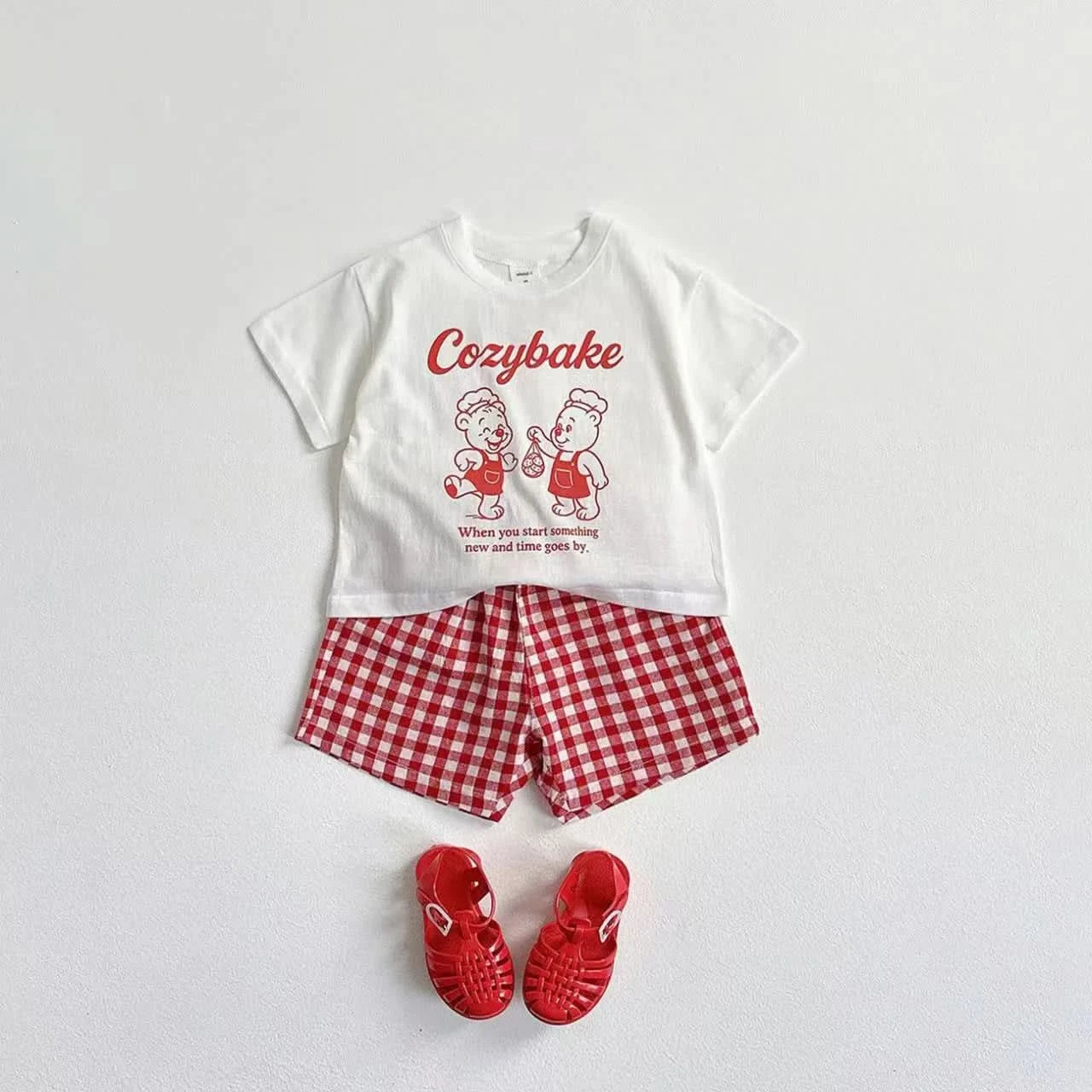 Print Tshirt Plaid Shorts 2Piece Set Summer Costume Boys Girls Baby Loose White Tees All-match Shorts New Child Trendy Outfits - M & M Global