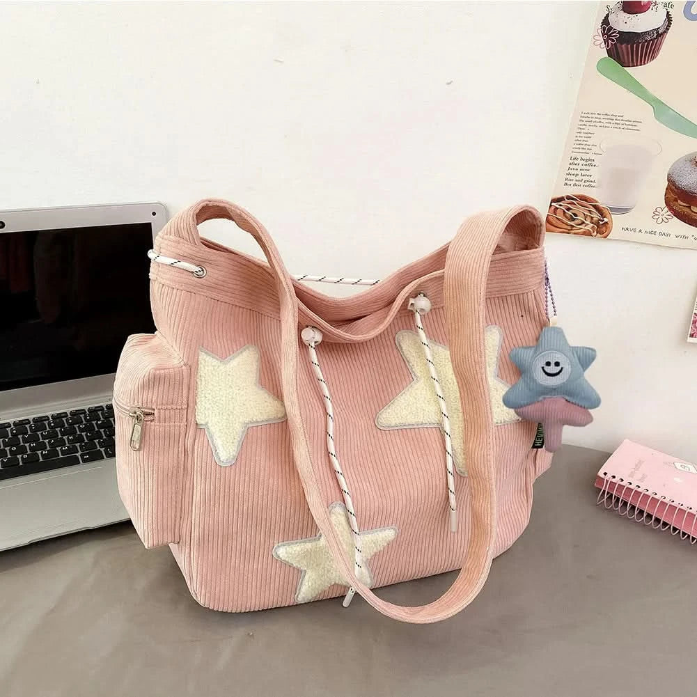 Women Star Pattern Corduroy Crossbody Bag Casual Tote Lady Fashion Large Capacity Shoulder Bag Girl Travel Messenger Bag Handbag - M & M Global
