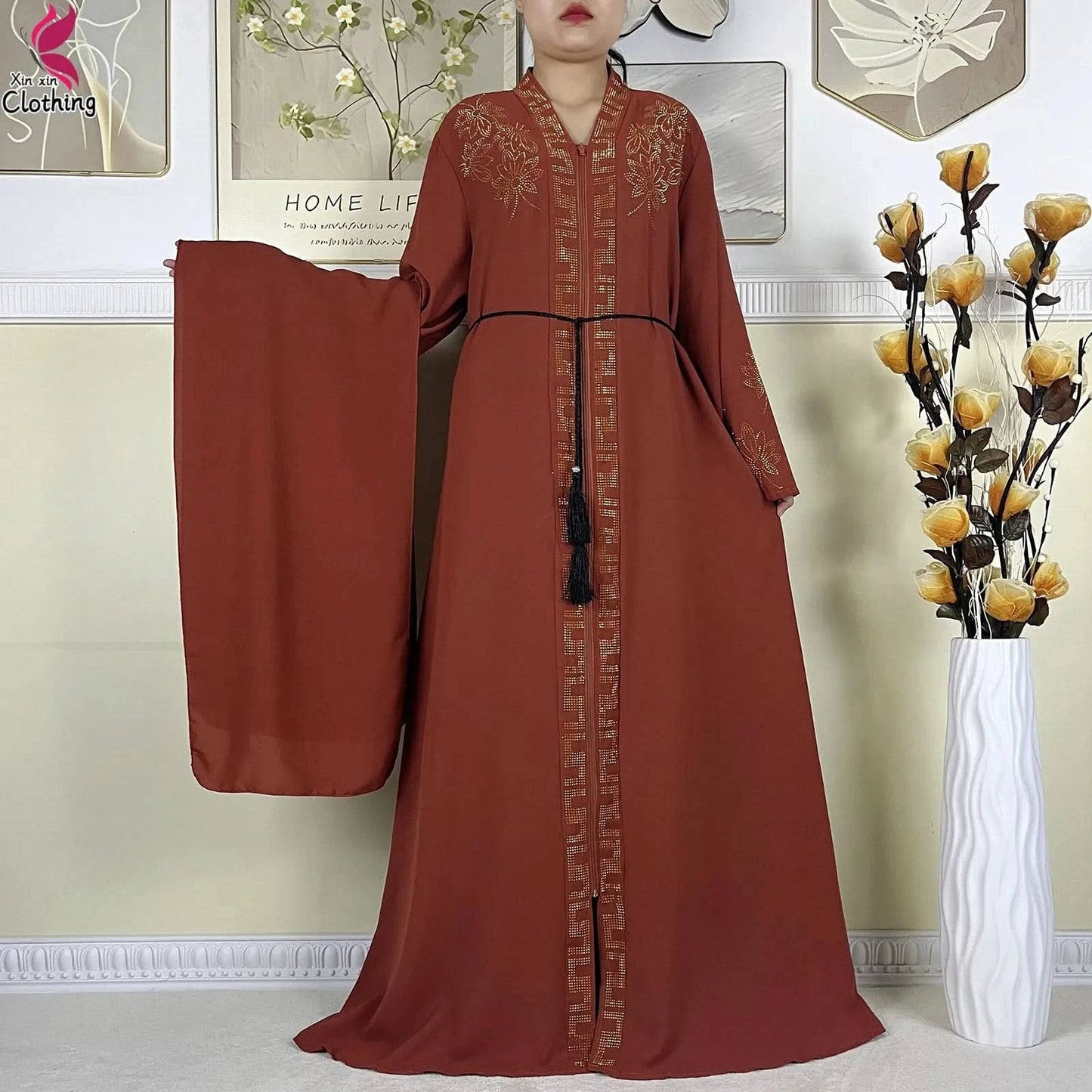 New Muslim Abayas For Women Long Sleeved Dress Dubai Lady Elegant Long Dress Islam Clothing African Abaya Loose Robe With Turban - M & M Global