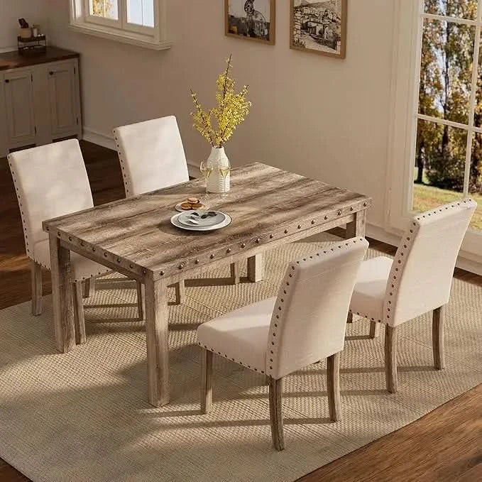 Rustic Dining Table, Farmhouse Kitchen Dining Chairs , Charming 60" Rectangular Wooden Table& Upholstered