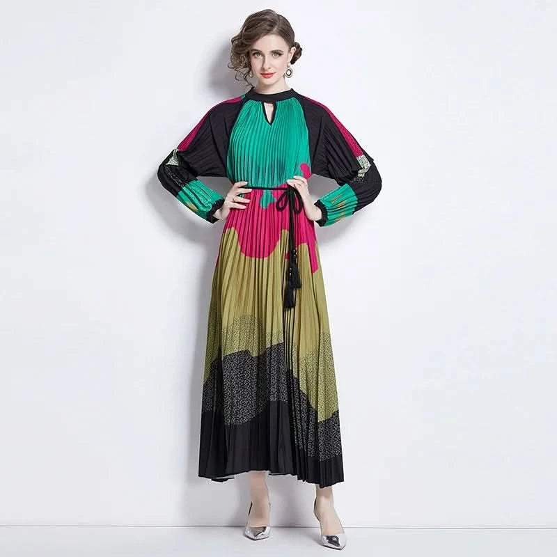 Spring Holiday Print Long Dress For Women Fashion Loose Lantern Sleeve Party Robe Female Big Swing Tassels Belt Pleated Clothes - M & M Global