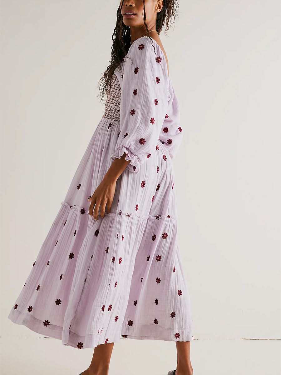 Women's Flower Embroidered Long Dress Bodycon Lantern Sleeve Square Neck Tiered Flowy Dress Bohemian Summer Beachwear Dresses - M & M Global