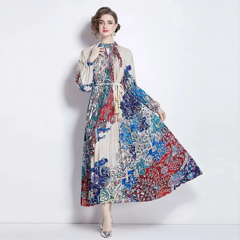 Spring Holiday Print Long Dress For Women Fashion Loose Lantern Sleeve Party Robe Female Big Swing Tassels Belt Pleated Clothes - M & M Global