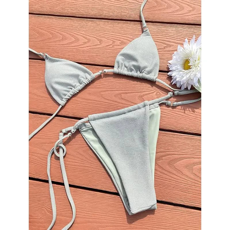 Solid Color Bikini Set Shiny Swimwear Women Shiny Swimsuit Bandage Bikinis Micro Thong Biquini Brazilian Beachwear - M & M Global