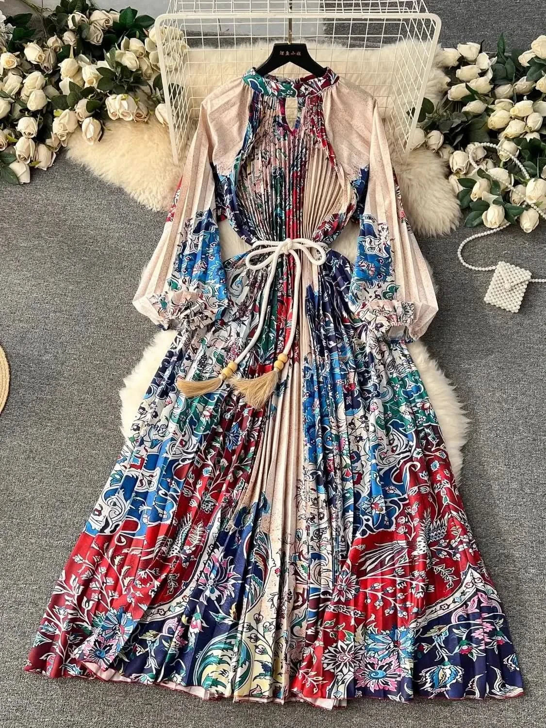 Spring Holiday Print Long Dress For Women Fashion Loose Lantern Sleeve Party Robe Female Big Swing Tassels Belt Pleated Clothes - M & M Global
