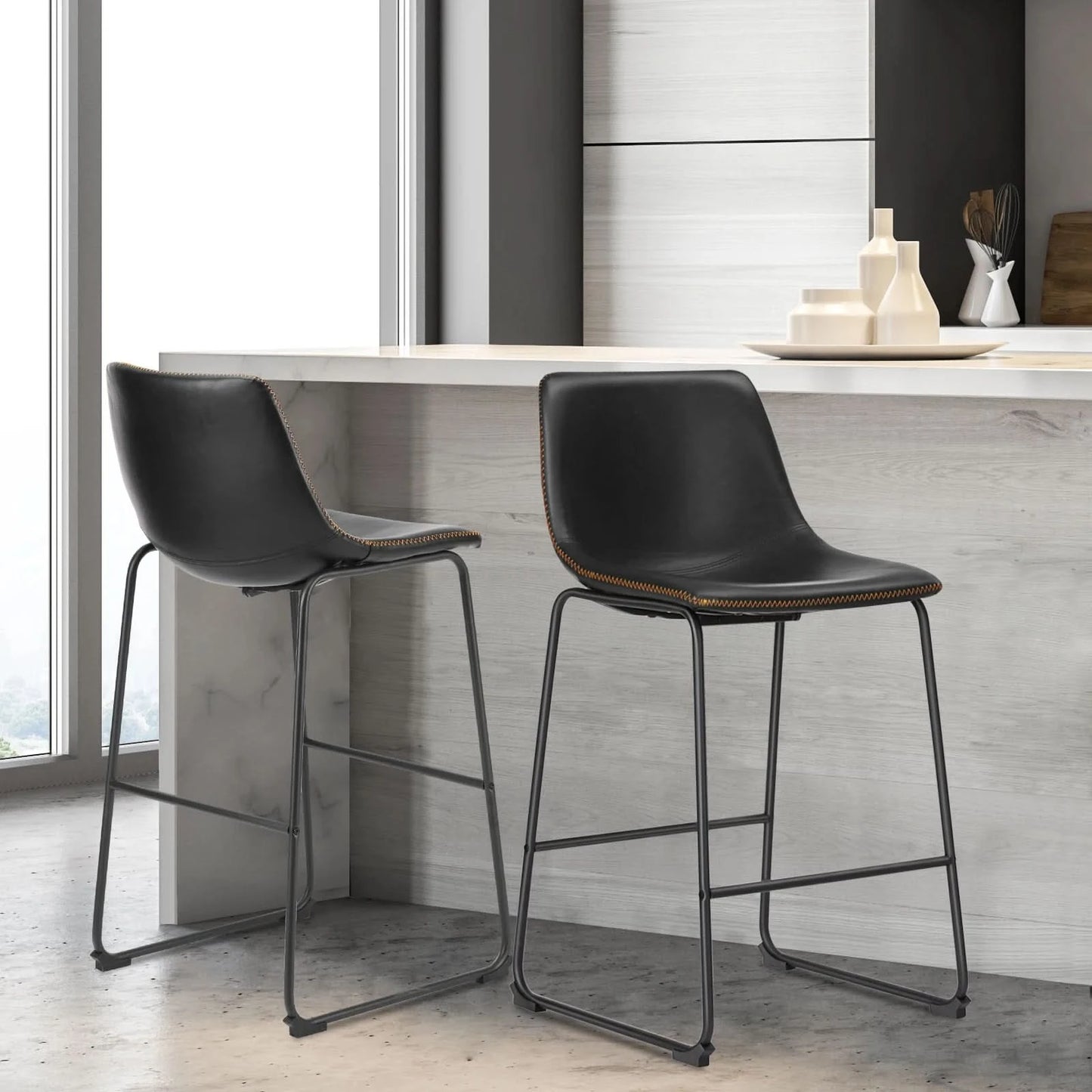 JHK Leather Modern Bar Bench 2-piece Set Armless Metal Leg Brown Bar Bench with Backrest Home Chair Living Room Furniture
