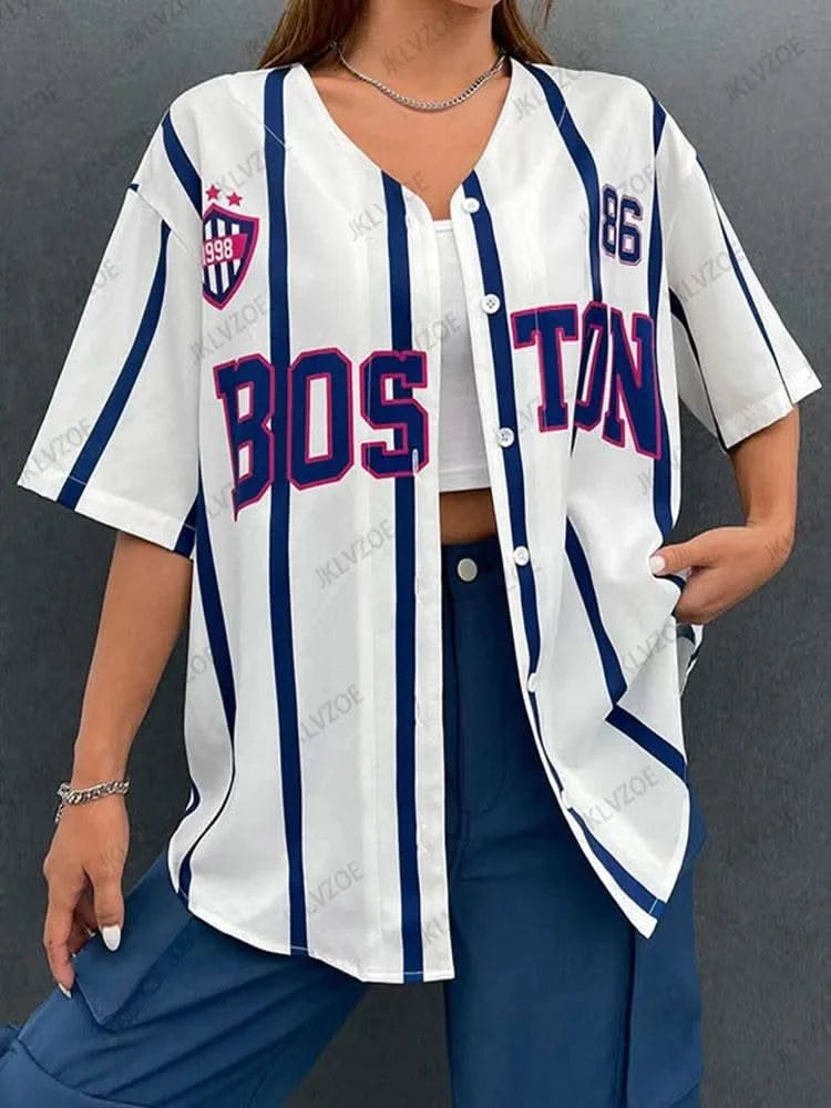 Boston Printed 2024 Summer Oversize Blouse Women Streetwear Baseball Shirt Cool Hip Hop America Half Sleeve Button Up Tops - M & M Global