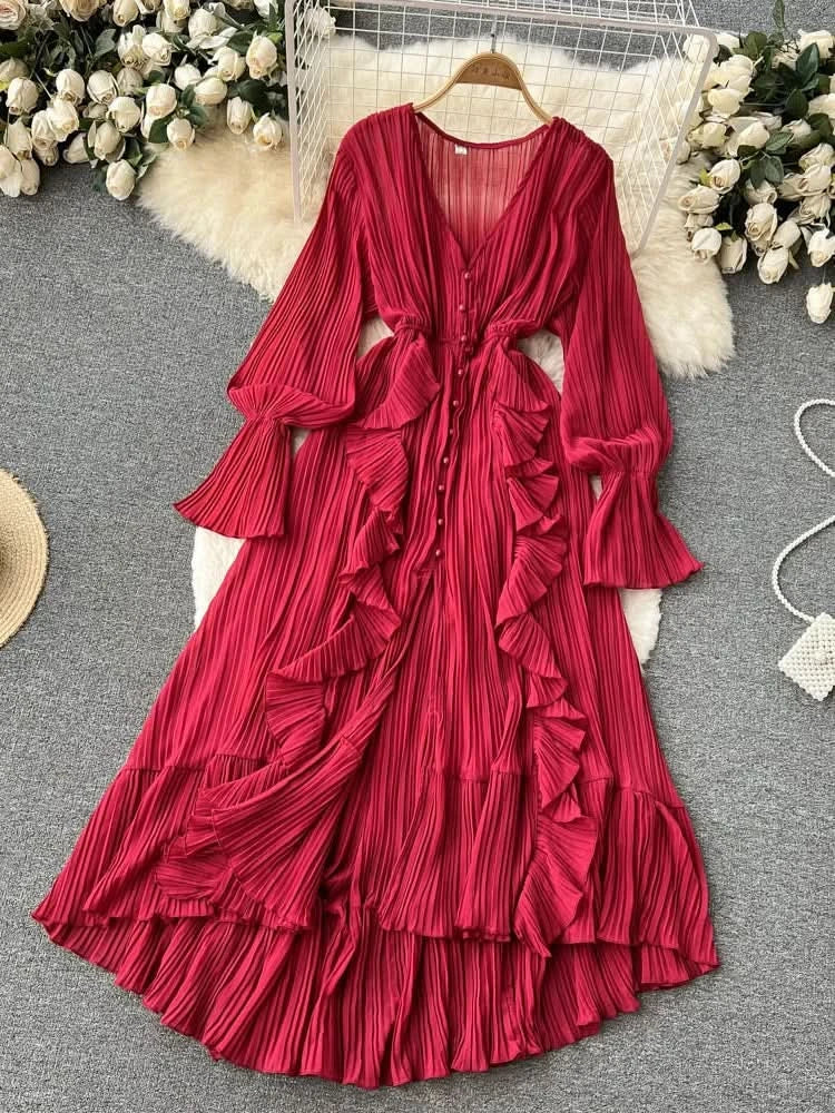 Purple/Brown/Red Chiffon Pleated Long Dress Women Vintage V-Neck Flare Sleeve Draped Ruffle Vestido Female Maxi Robe Spring Fall - M & M Global