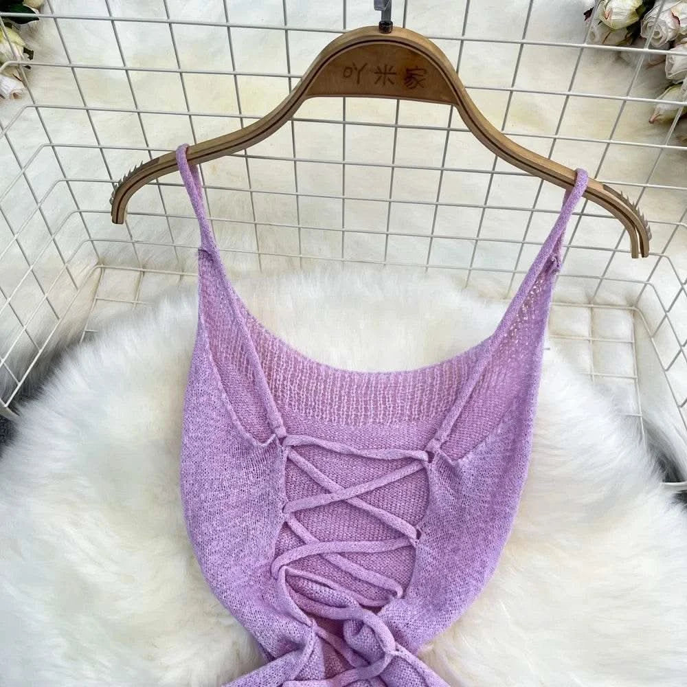Blue/purple Summer Knit Sexy Strap Dress Women Tank Elatic Waist Bodycon Sundress Female Beach Split Backless Maxi Long Dress - M & M Global
