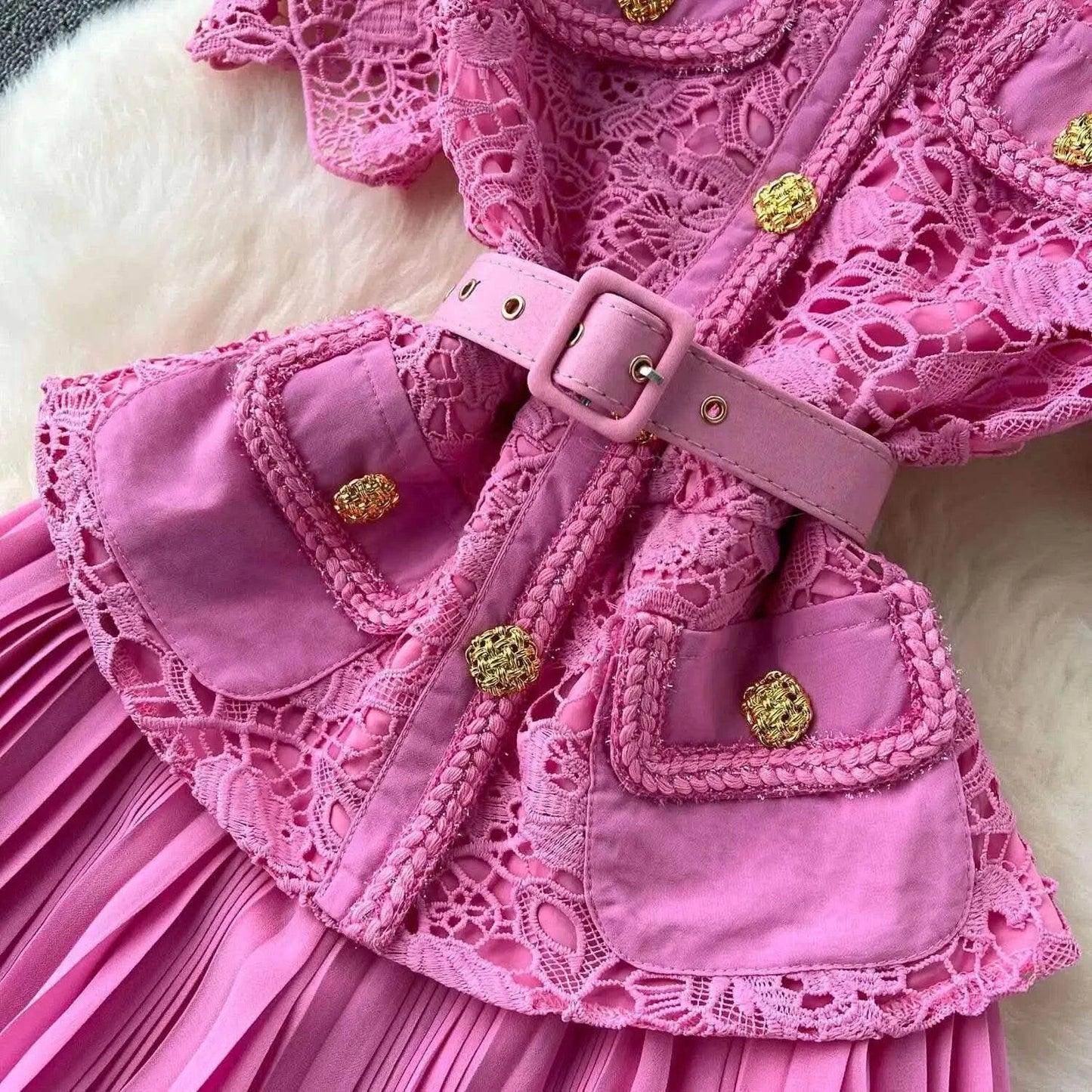 Designer 2025 Summer Pleated Chiffon Lace Long Dress Women Flower Embroidery Gold Button Belt Evening Party Dresses Wedding Robe - M & M Global