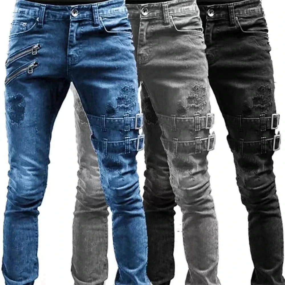 Retro Moto Biker Straight Elastic Jeans Men Zipper Hole Streetwear Punk Skinny Denim Cargo Pants Pantalones Hombre Y2K Clothing - M & M Global