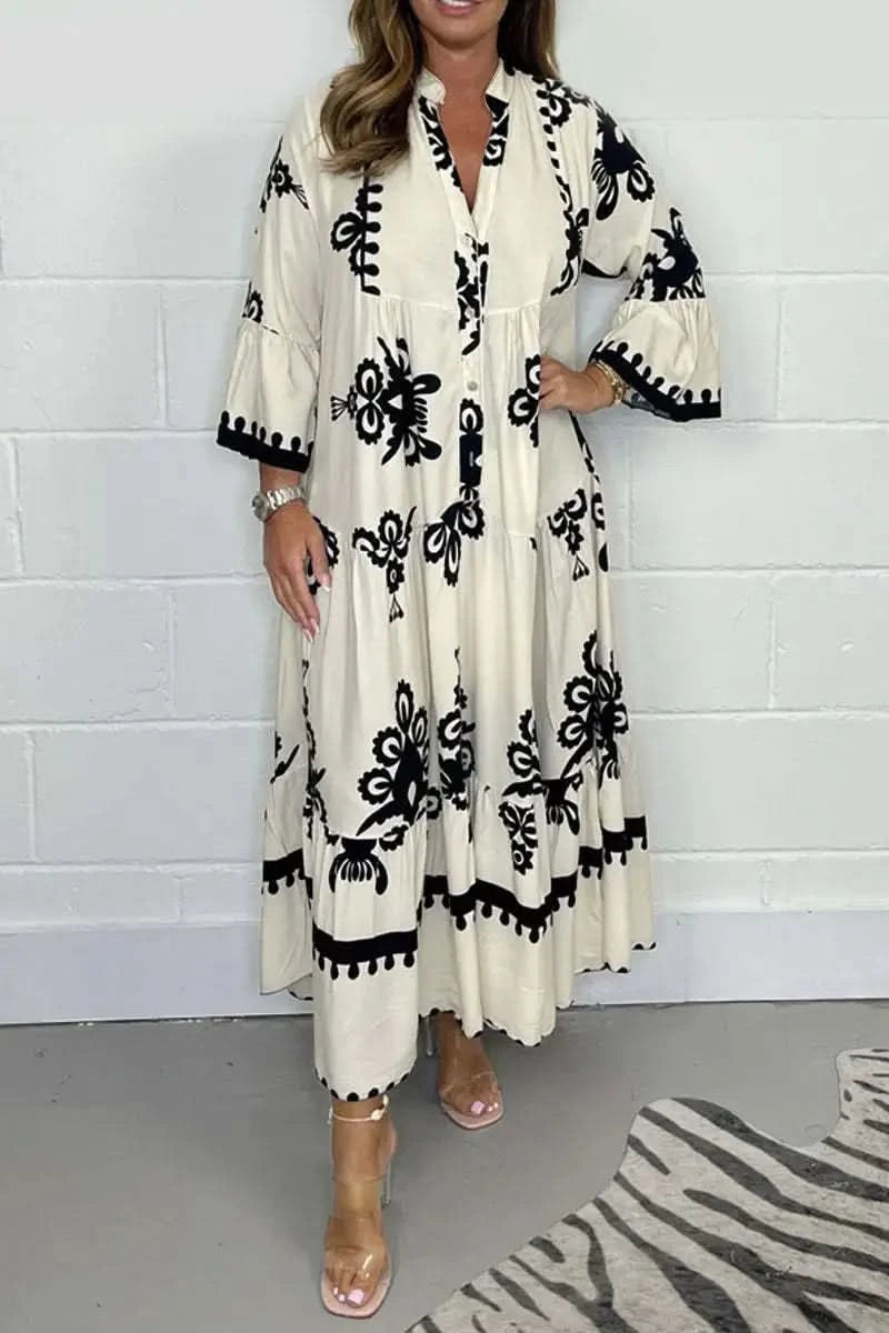 Women's Printed Loose Ethnic Retro Dress Spring Autumn V Neck Button A-Line Long Dress Summer 3/4 Sleeve Bohemian Maxi Dresses - M & M Global