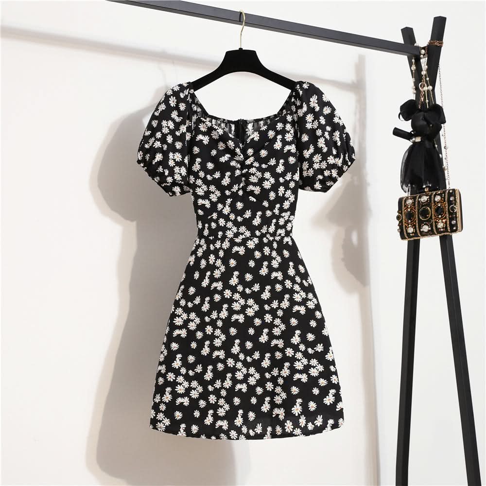 Women Mini Dresses Summer Fashion Female Vestidos Print Floral Chiffon Dresses Shirring Pleated Short Puffy Sleeve Casual Dress - M & M Global