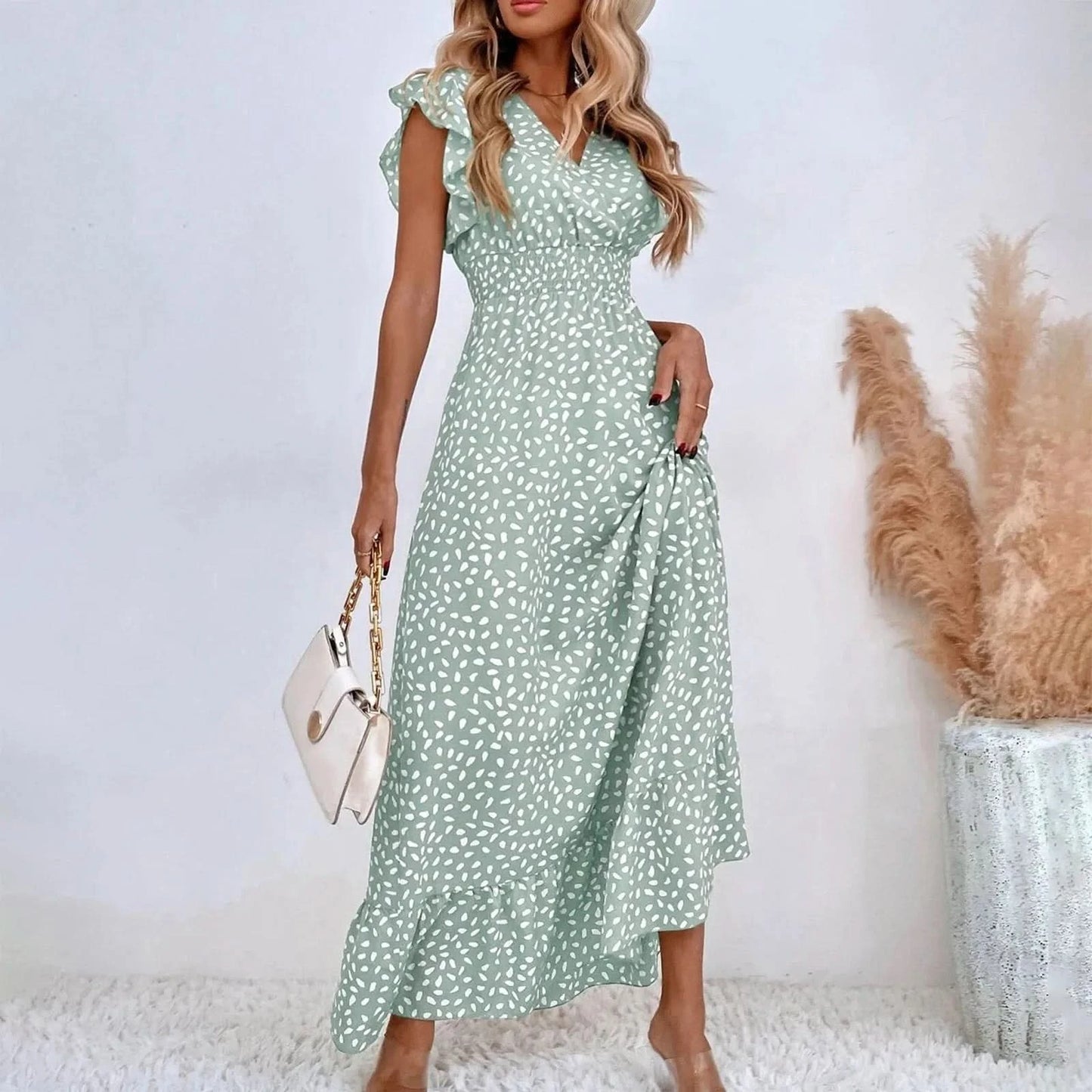 Polka Dot Dress For Women Sexy V-Neck Long Dress Casual And Fashionable Ruffle Edge Short Sleeved High Waisted Dress - M & M Global